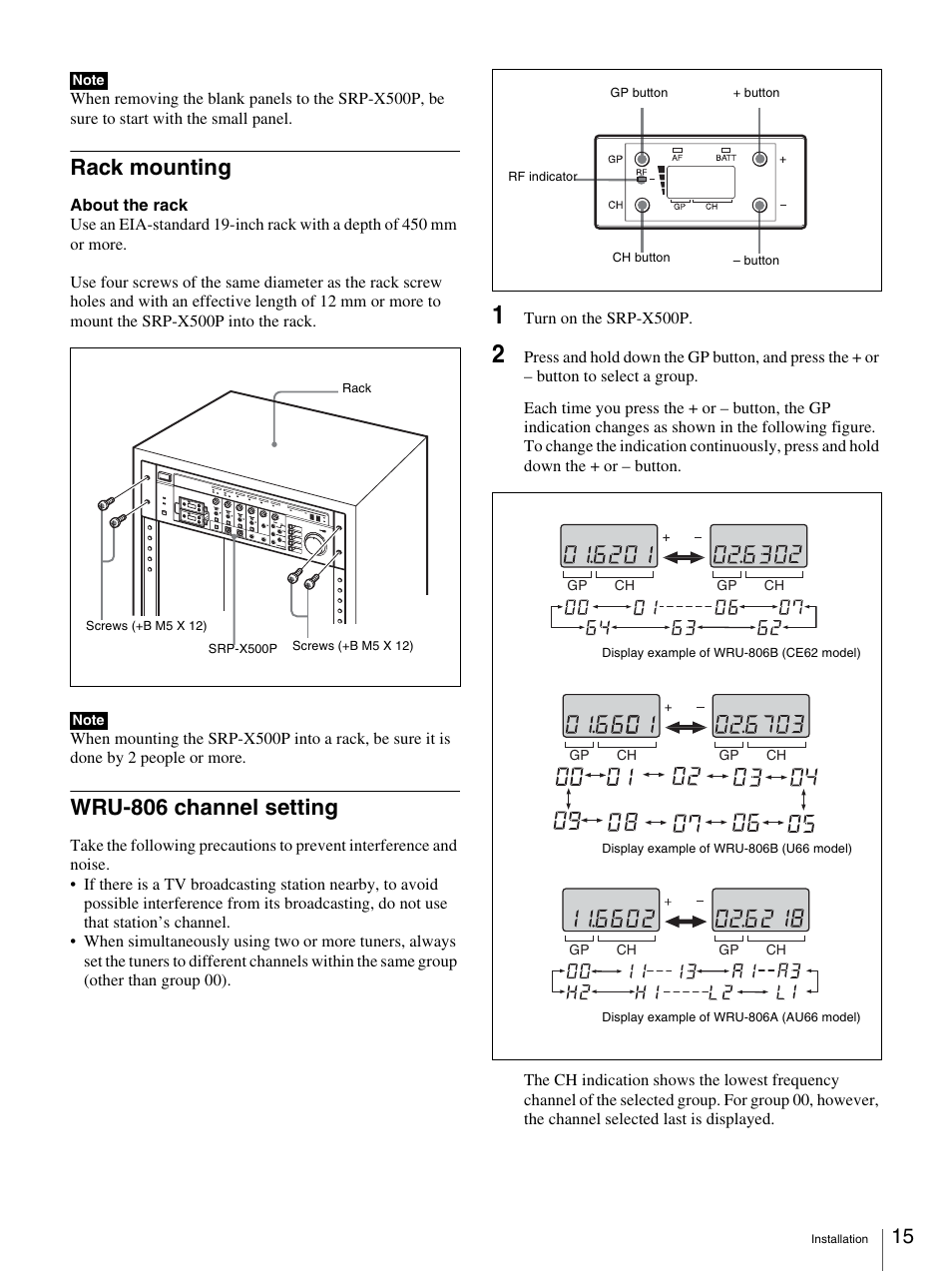 Rack mounting, Wru-806 channel setting | Sony SRP-X500P User Manual | Page 15 / 37