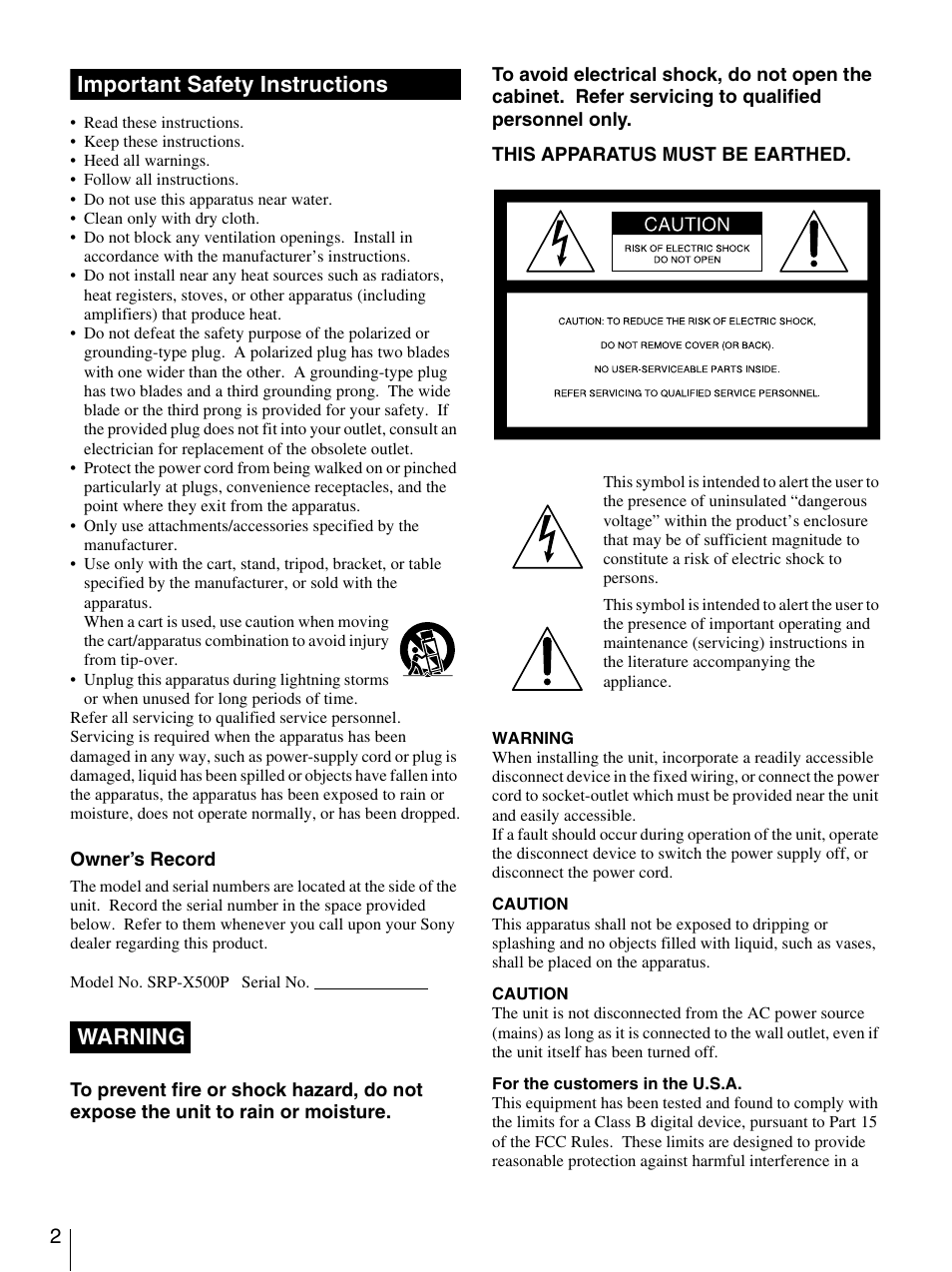 Important safety instructions warning | Sony SRP-X500P User Manual | Page 2 / 37