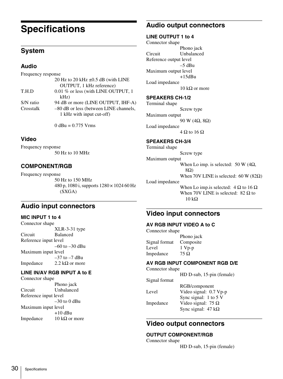 Specifications, System, Audio input connectors | Audio output connectors, Video input connectors, Video output connectors | Sony SRP-X500P User Manual | Page 30 / 37