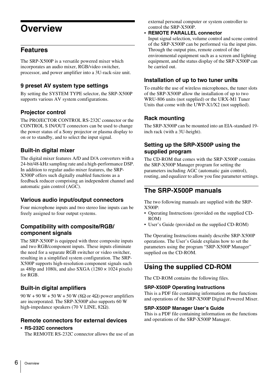 Overview, Features, The srp-x500p manuals | Using the supplied cd-rom | Sony SRP-X500P User Manual | Page 6 / 37