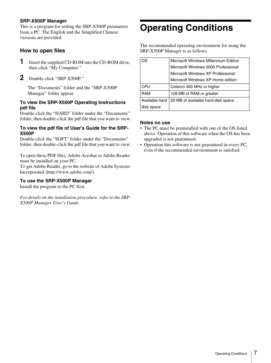 Operating conditions | Sony SRP-X500P User Manual | Page 7 / 37