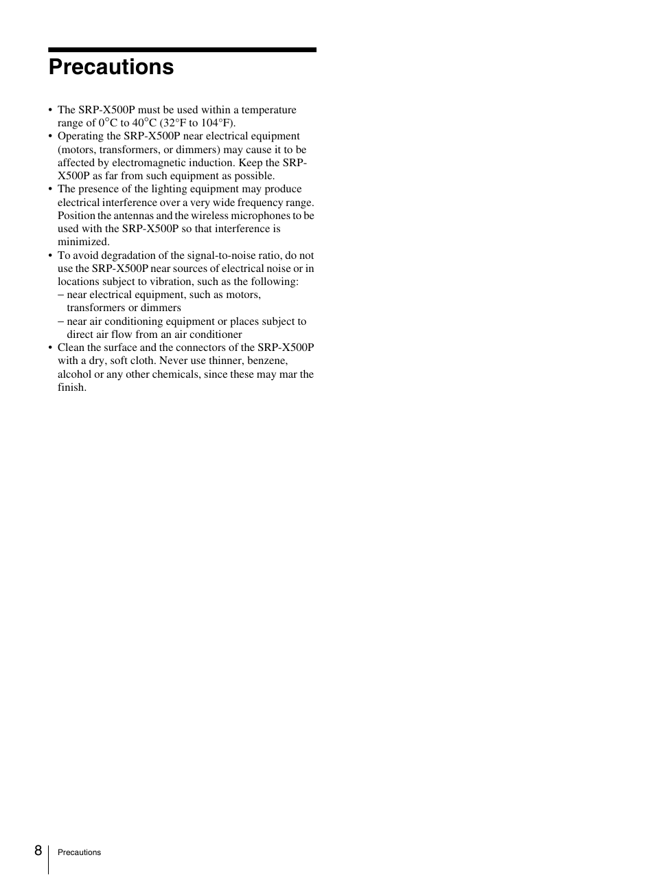 Precautions | Sony SRP-X500P User Manual | Page 8 / 37