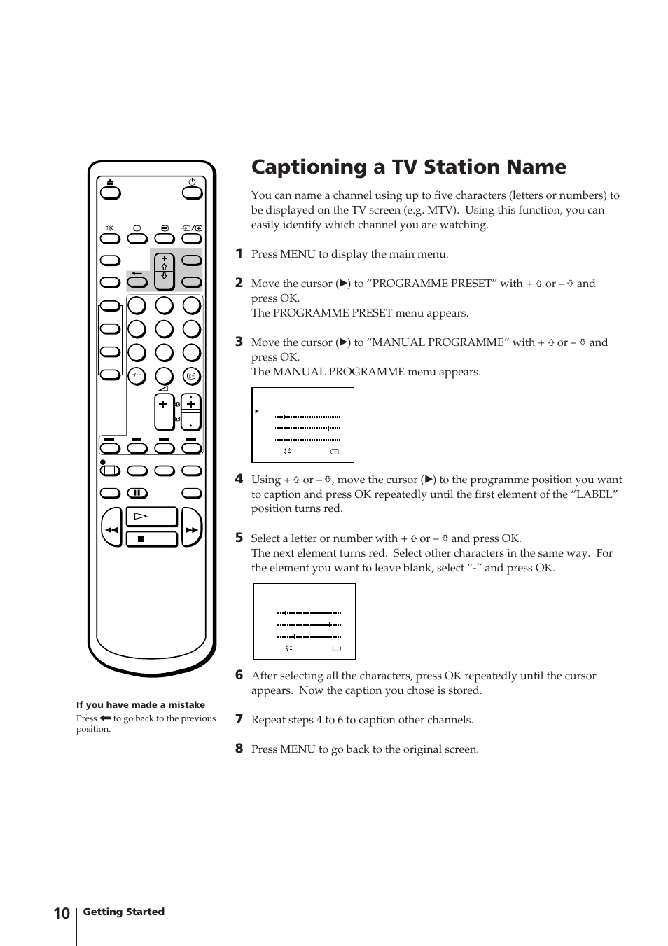 Captioning a tv station name, Press menu to display the main menu, Repeat steps 4 to 6 to caption other channels | Press menu to go back to the original screen, Getting started | Sony Trinitron KV-14V4U User Manual | Page 10 / 43