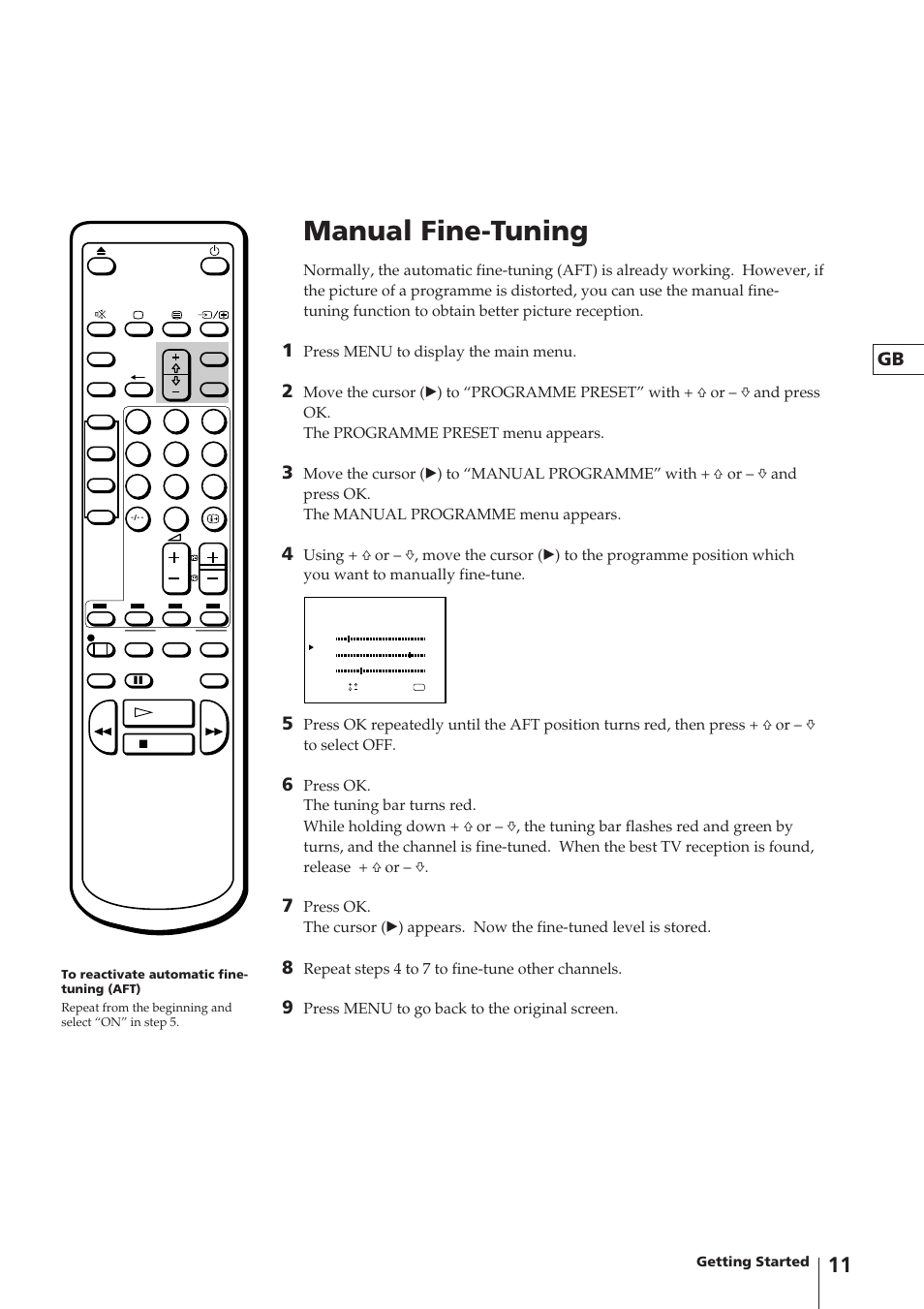 Manual fine-tuning, Press menu to display the main menu, Repeat steps 4 to 7 to fine-tune other channels | Press menu to go back to the original screen | Sony Trinitron KV-14V4U User Manual | Page 11 / 43