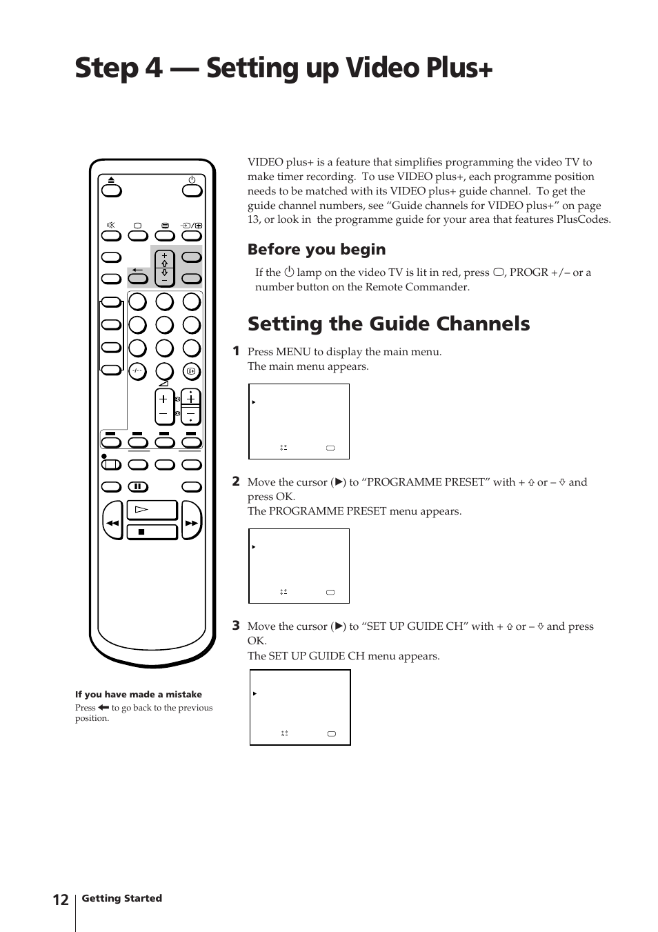 Step 4 — setting up video plus, Setting the guide channels, Before you begin | Sony Trinitron KV-14V4U User Manual | Page 12 / 43