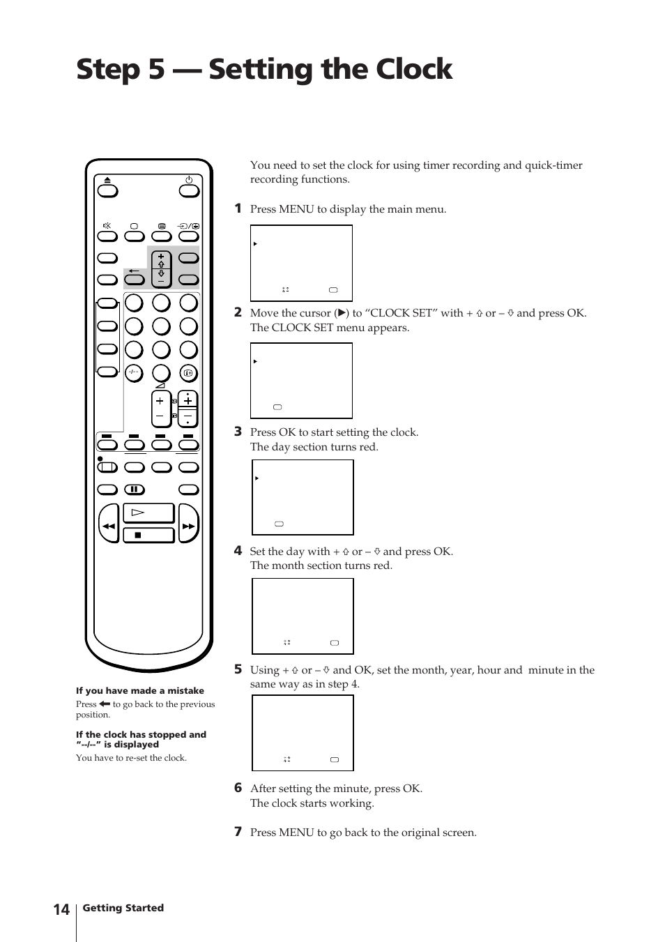 Step 5 — setting the clock, Press menu to display the main menu, Press menu to go back to the original screen | Sony Trinitron KV-14V4U User Manual | Page 14 / 43