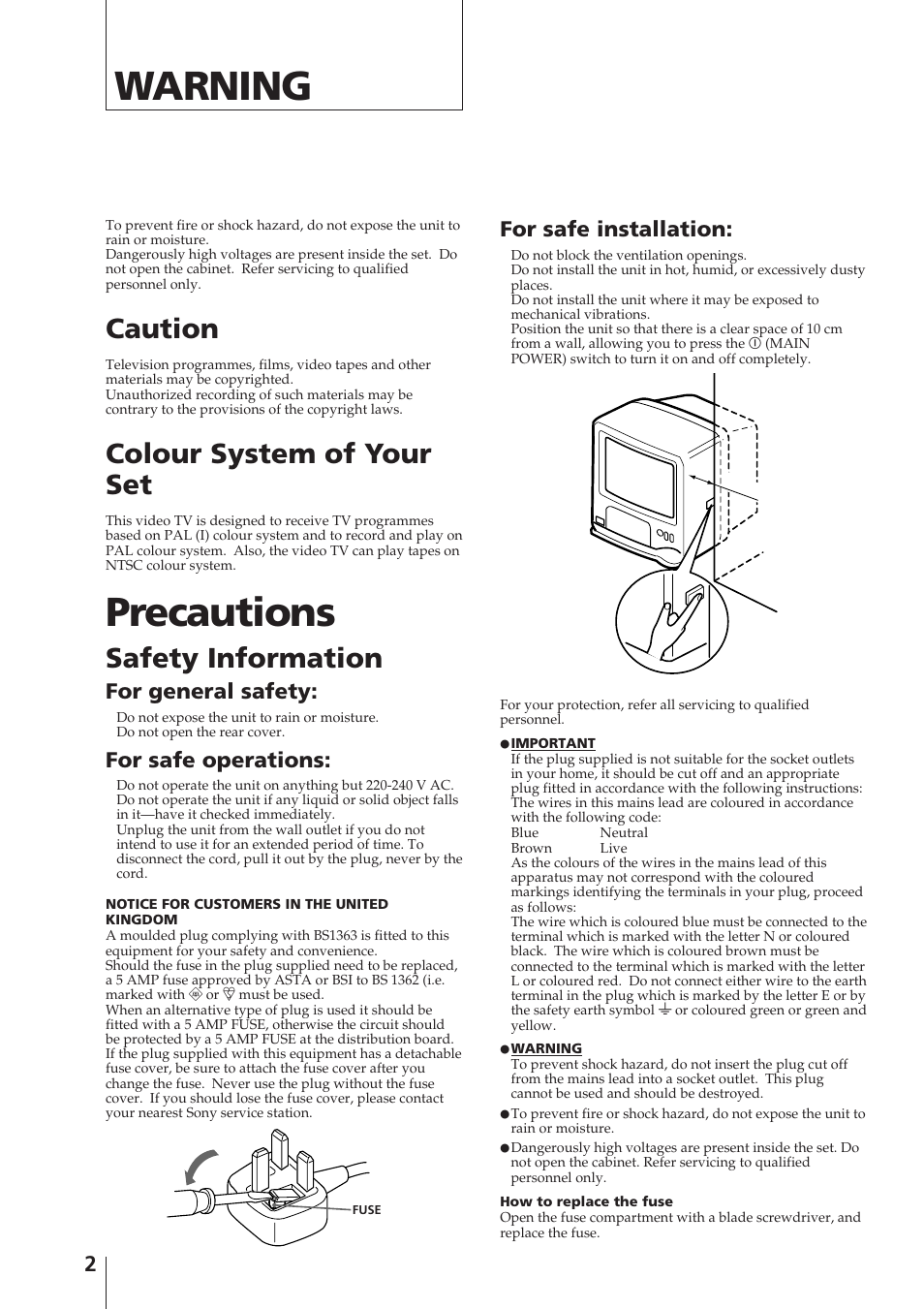 Warning, Precautions, Caution | Colour system of your set, Safety information, For general safety, For safe operations, For safe installation | Sony Trinitron KV-14V4U User Manual | Page 2 / 43