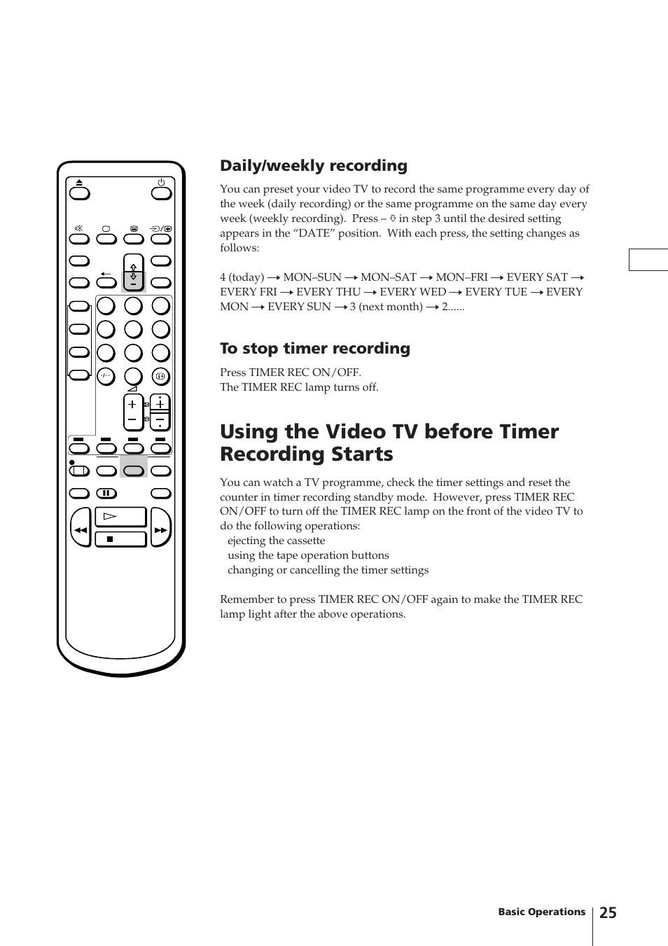 Using the video tv before timer recording starts, Daily/weekly recording | Sony Trinitron KV-14V4U User Manual | Page 25 / 43