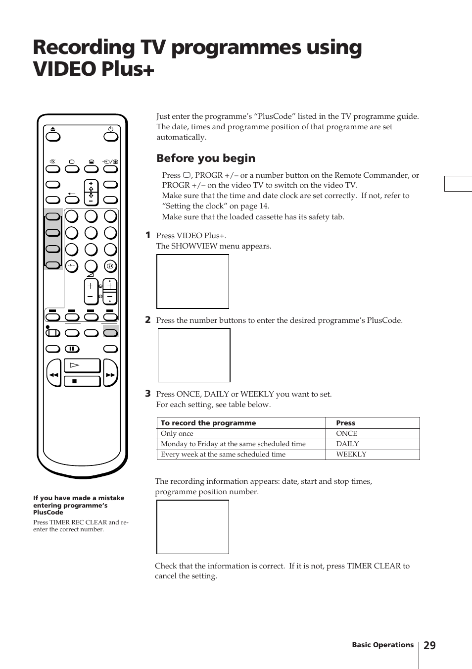 Recording tv programmes using video plus, Before you begin, Press video plus+. the showview menu appears | Sony Trinitron KV-14V4U User Manual | Page 29 / 43