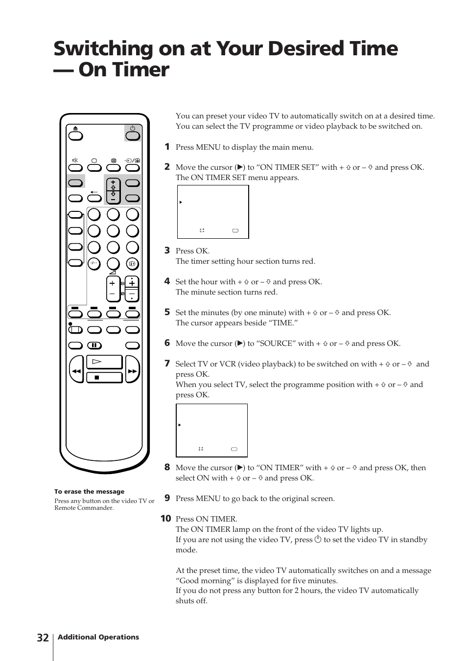 Switching on at your desired time — on timer, Press menu to display the main menu, Press menu to go back to the original screen | Sony Trinitron KV-14V4U User Manual | Page 32 / 43