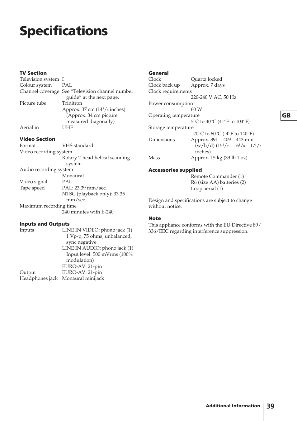 Specifications | Sony Trinitron KV-14V4U User Manual | Page 39 / 43
