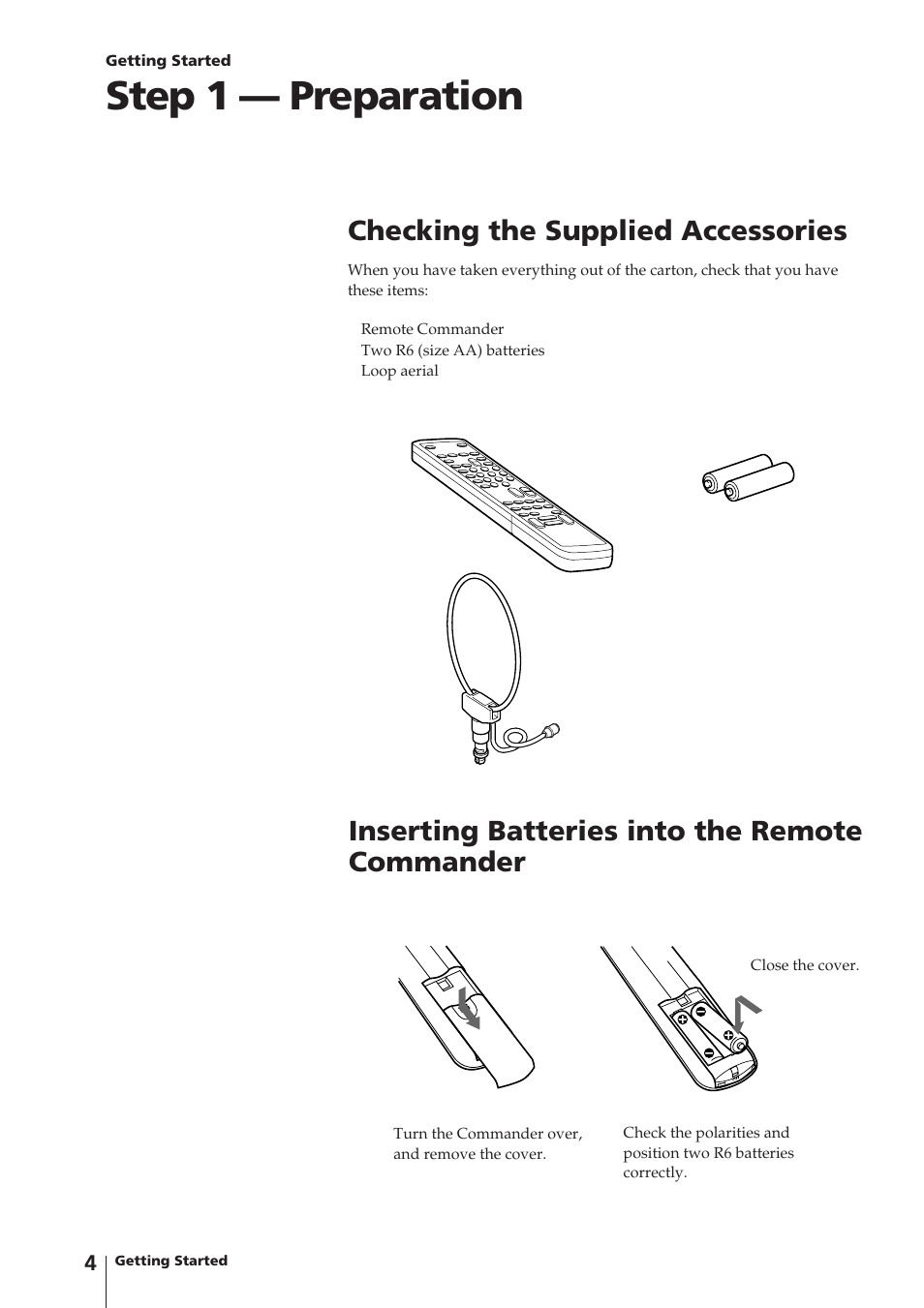 Step 1 — preparation, Checking the supplied accessories, Inserting batteries into the remote commander | Sony Trinitron KV-14V4U User Manual | Page 4 / 43