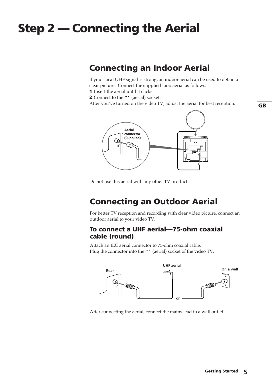 Step 2 — connecting the aerial, Connecting an indoor aerial, Connecting an outdoor aerial | Sony Trinitron KV-14V4U User Manual | Page 5 / 43