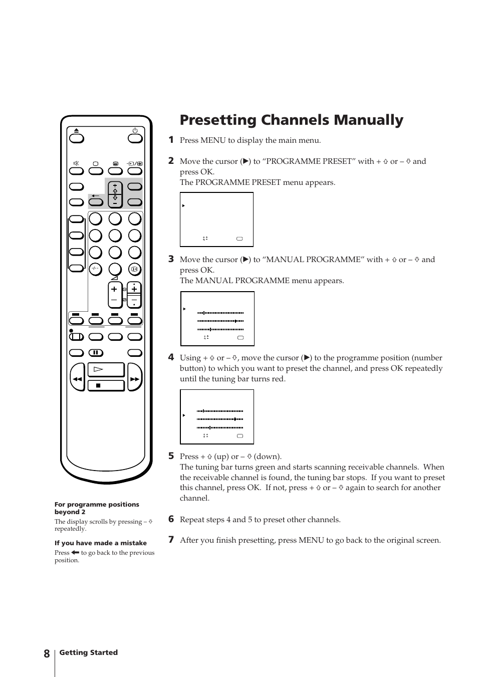 Presetting channels manually, Press menu to display the main menu, Repeat steps 4 and 5 to preset other channels | Getting started | Sony Trinitron KV-14V4U User Manual | Page 8 / 43