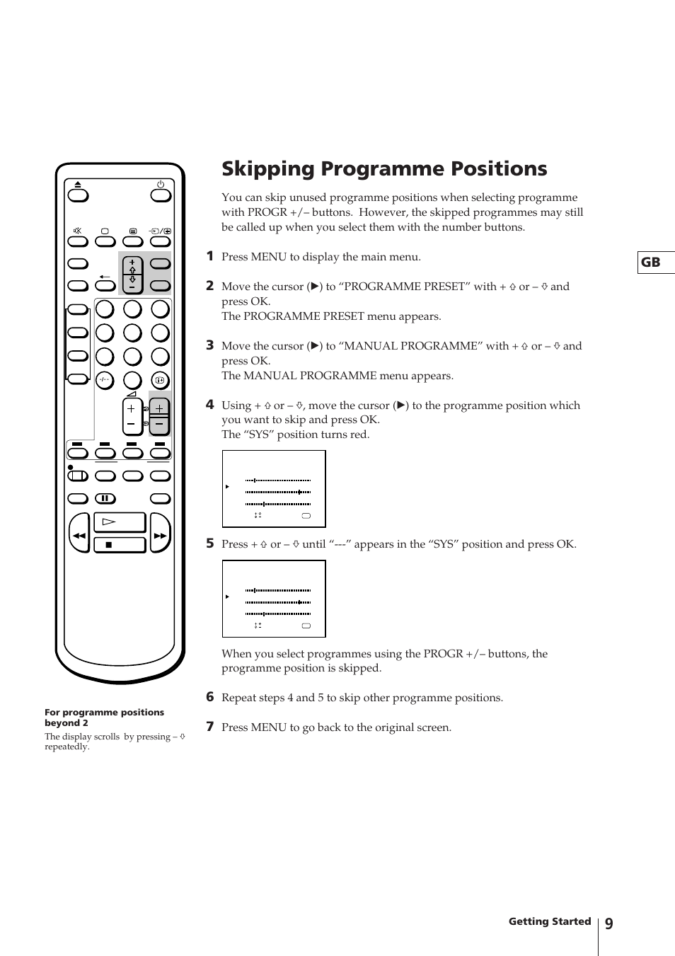 Skipping programme positions, Press menu to display the main menu, Press menu to go back to the original screen | Getting started | Sony Trinitron KV-14V4U User Manual | Page 9 / 43