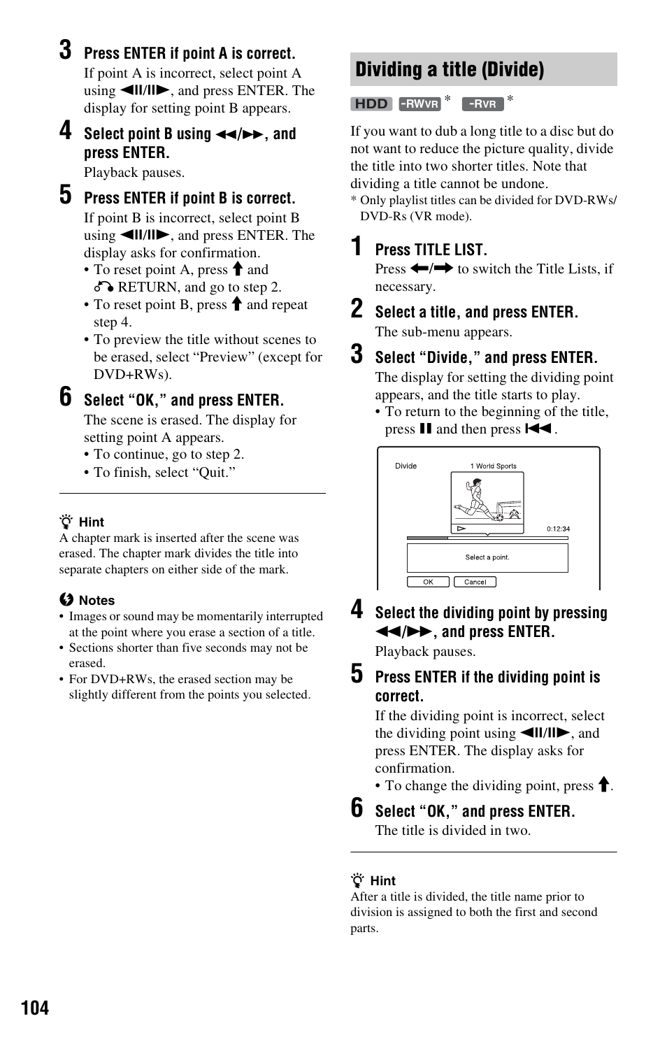 Dividing a title (divide) | Sony RDR-HXD1065 User Manual | Page 104 / 172