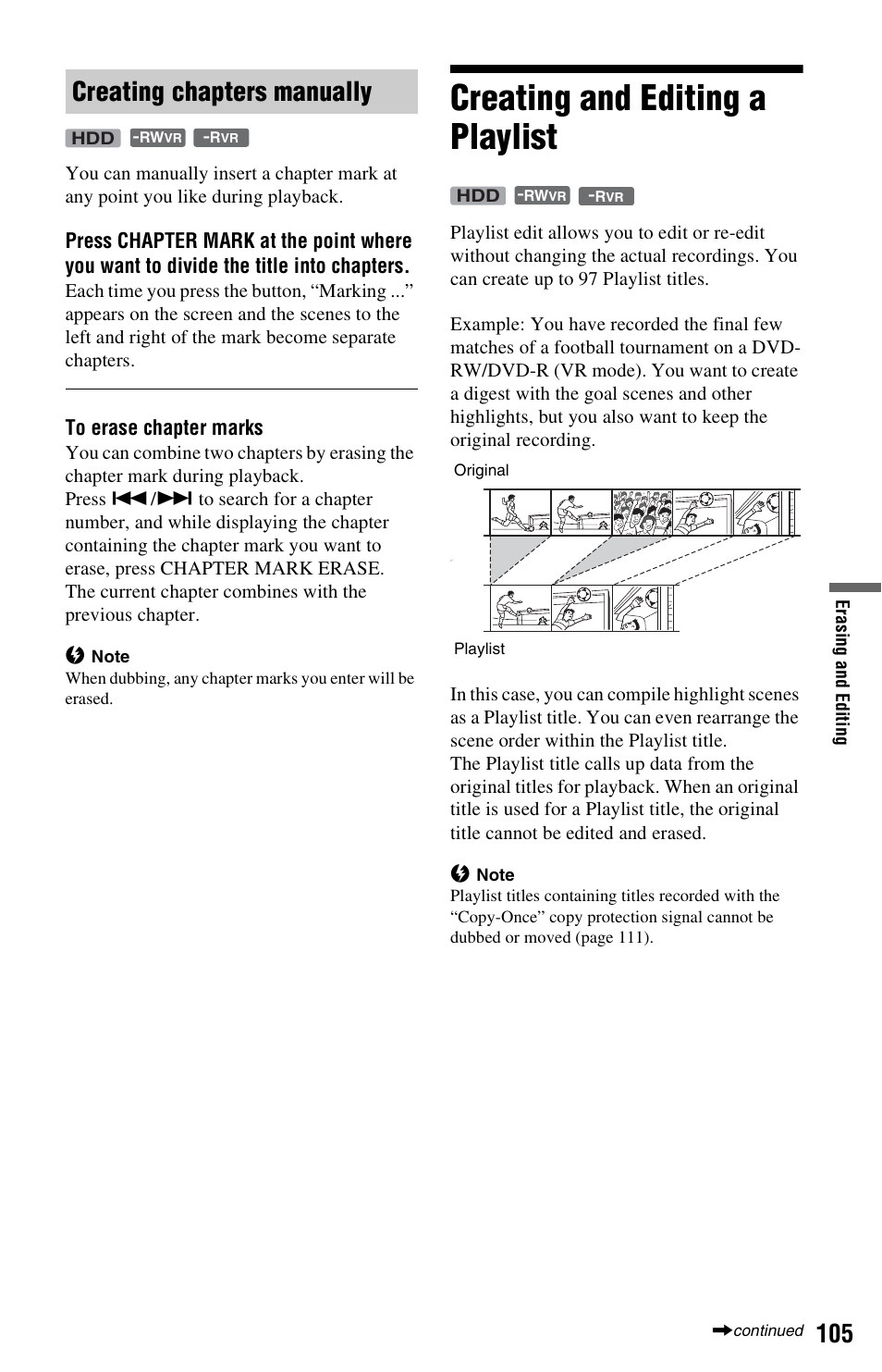 Creating chapters manually, Creating and editing a playlist | Sony RDR-HXD1065 User Manual | Page 105 / 172