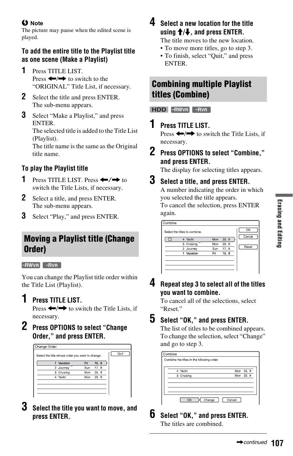 Moving a playlist title (change order), Combining multiple playlist titles (combine) | Sony RDR-HXD1065 User Manual | Page 107 / 172