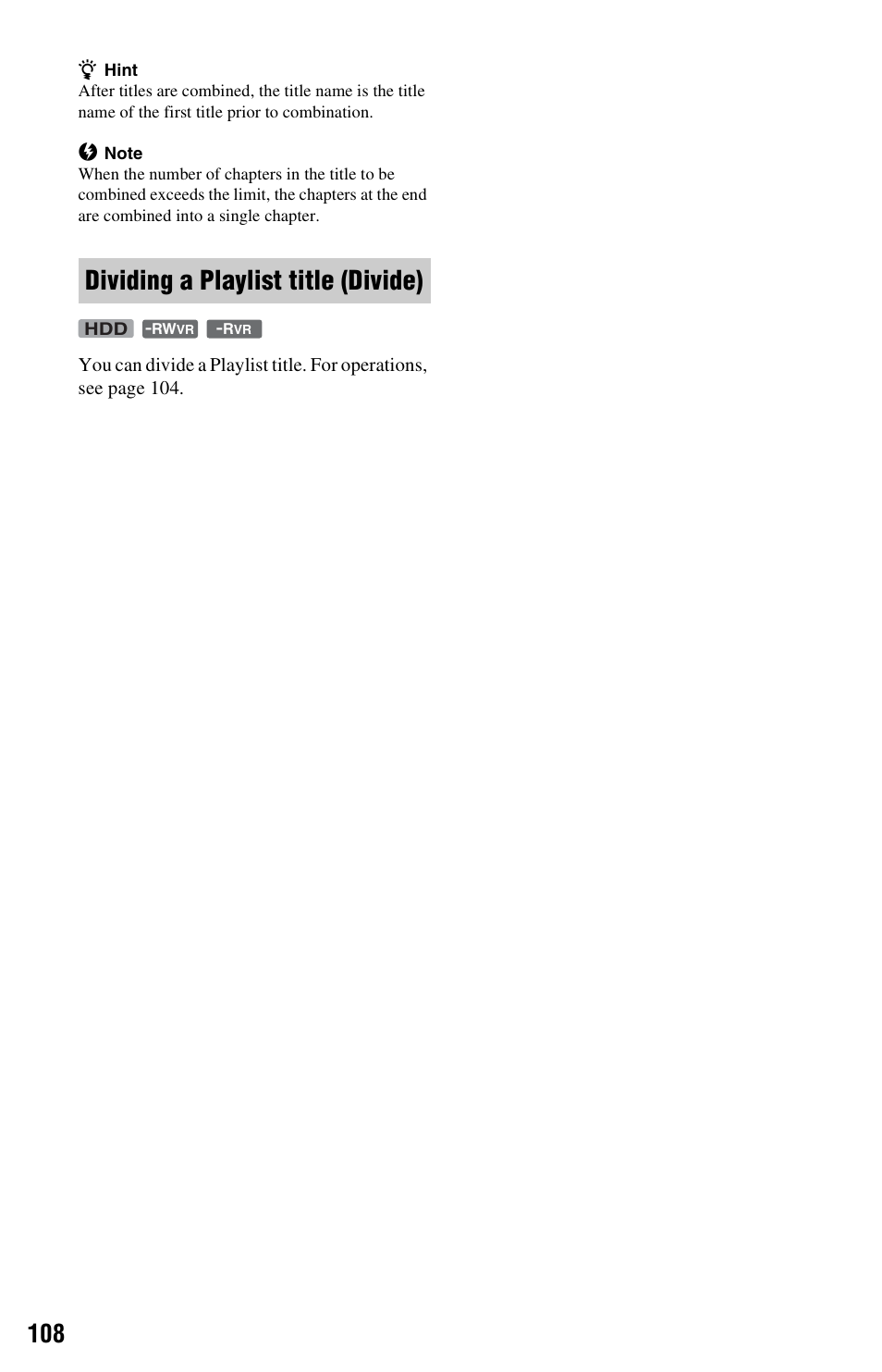 Dividing a playlist title (divide) | Sony RDR-HXD1065 User Manual | Page 108 / 172