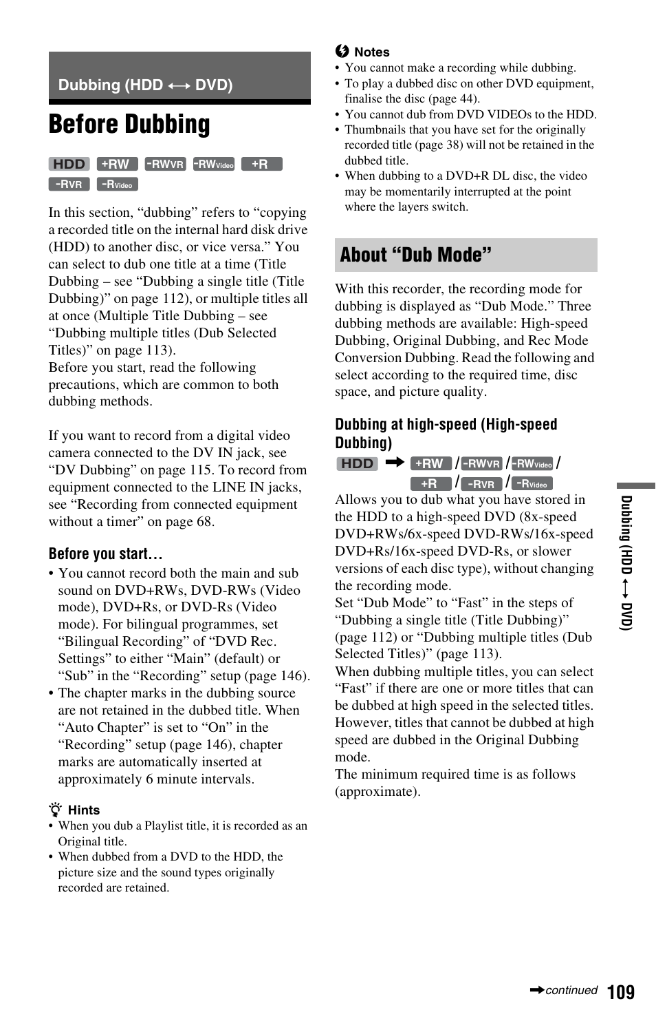 Dubbing (hdd y dvd), Before dubbing, About “dub mode | Dubbing (hdd, Before you start, Dubbing at high-speed (high-speed dubbing) | Sony RDR-HXD1065 User Manual | Page 109 / 172