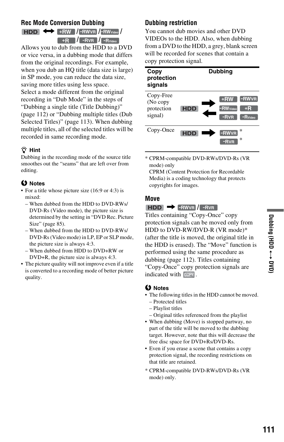 Rec mode conversion dubbing n, Dubbing restriction, Move | Sony RDR-HXD1065 User Manual | Page 111 / 172