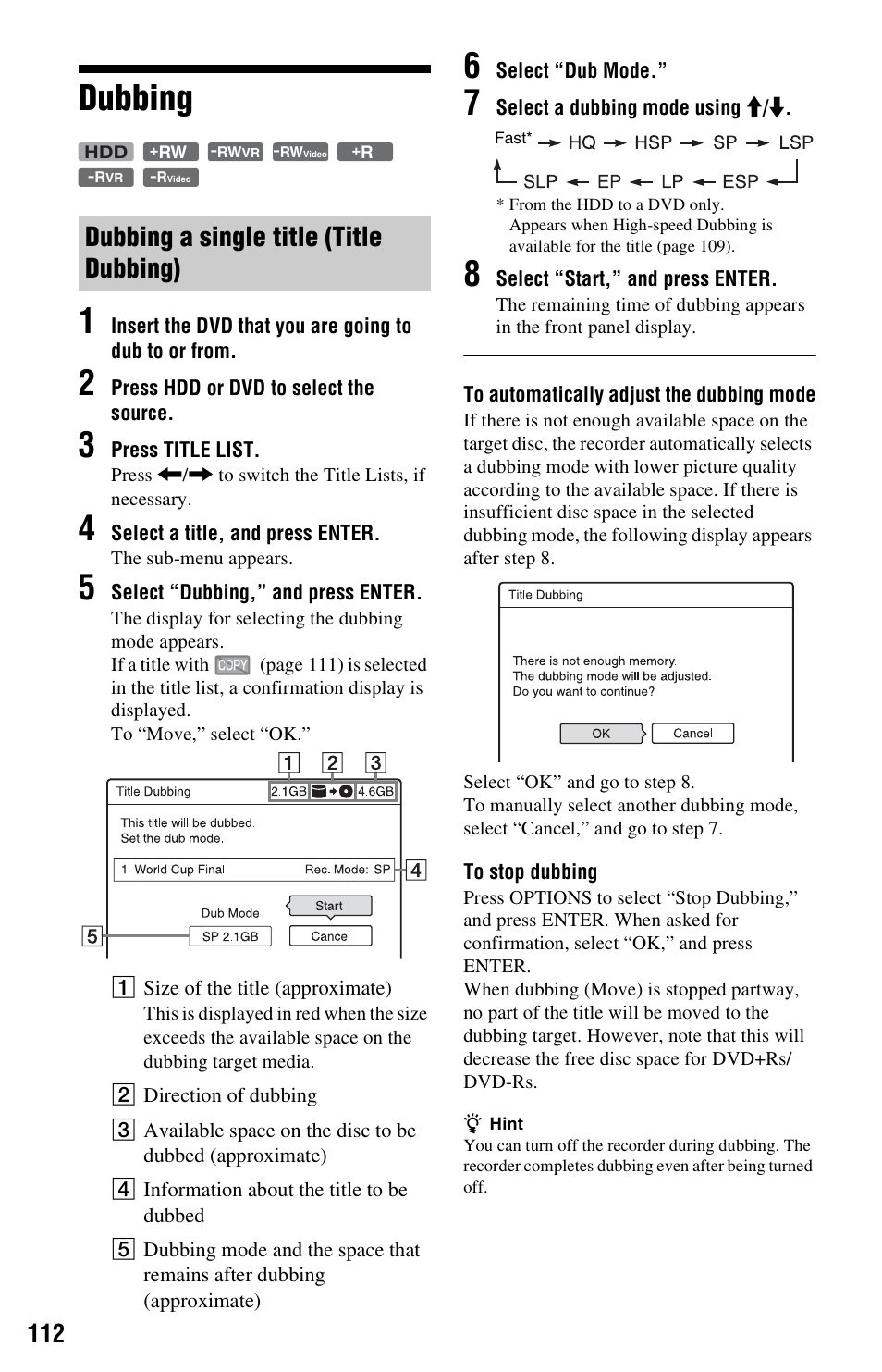 Dubbing, Dubbing a single title (title dubbing), Dubbing 1 | Sony RDR-HXD1065 User Manual | Page 112 / 172