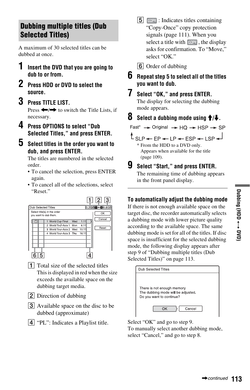 Dubbing multiple titles (dub selected titles) | Sony RDR-HXD1065 User Manual | Page 113 / 172