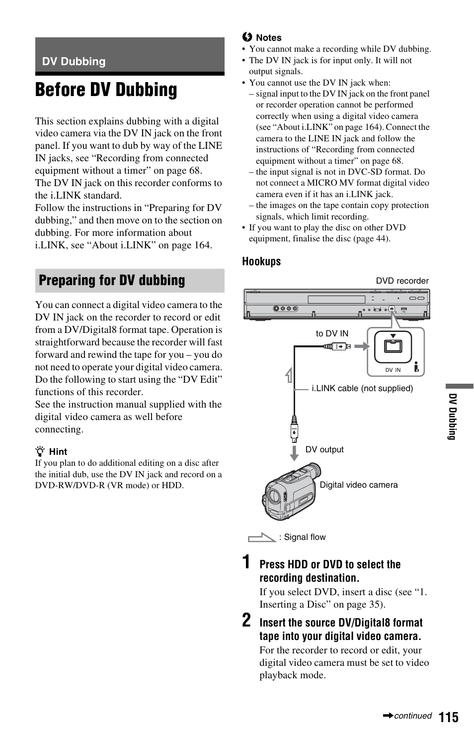 Dv dubbing, Before dv dubbing, Preparing for dv dubbing | Sony RDR-HXD1065 User Manual | Page 115 / 172