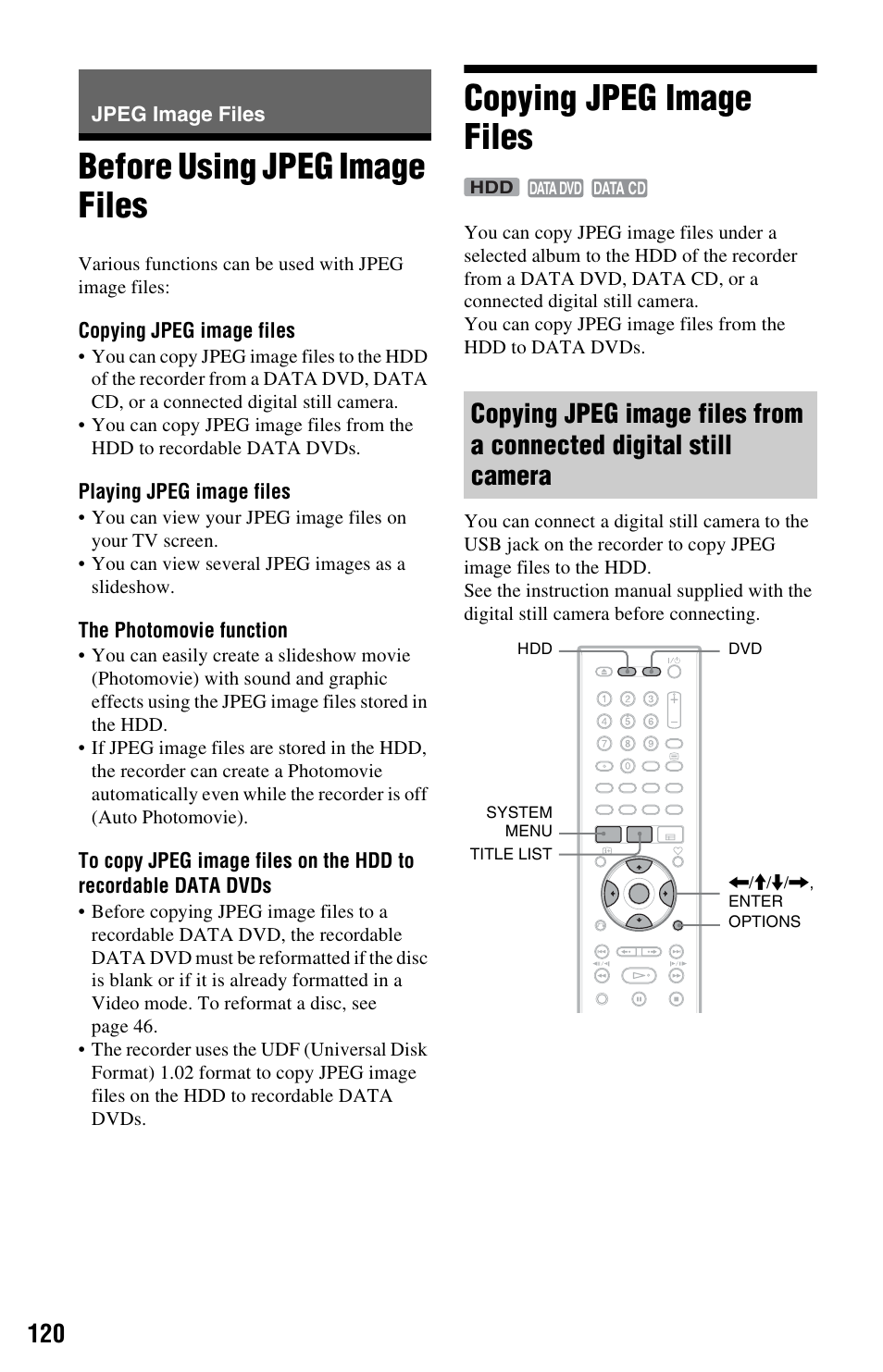 Jpeg image files, Before using jpeg image files, Copying jpeg image files | Sony RDR-HXD1065 User Manual | Page 120 / 172