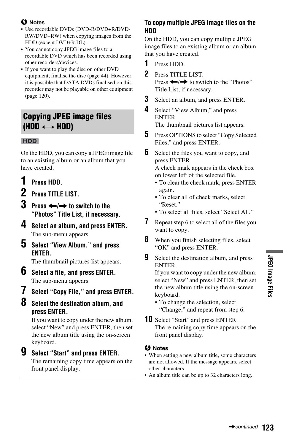 Copying jpeg image files (hdd y hdd), Copying jpeg image files (hdd | Sony RDR-HXD1065 User Manual | Page 123 / 172