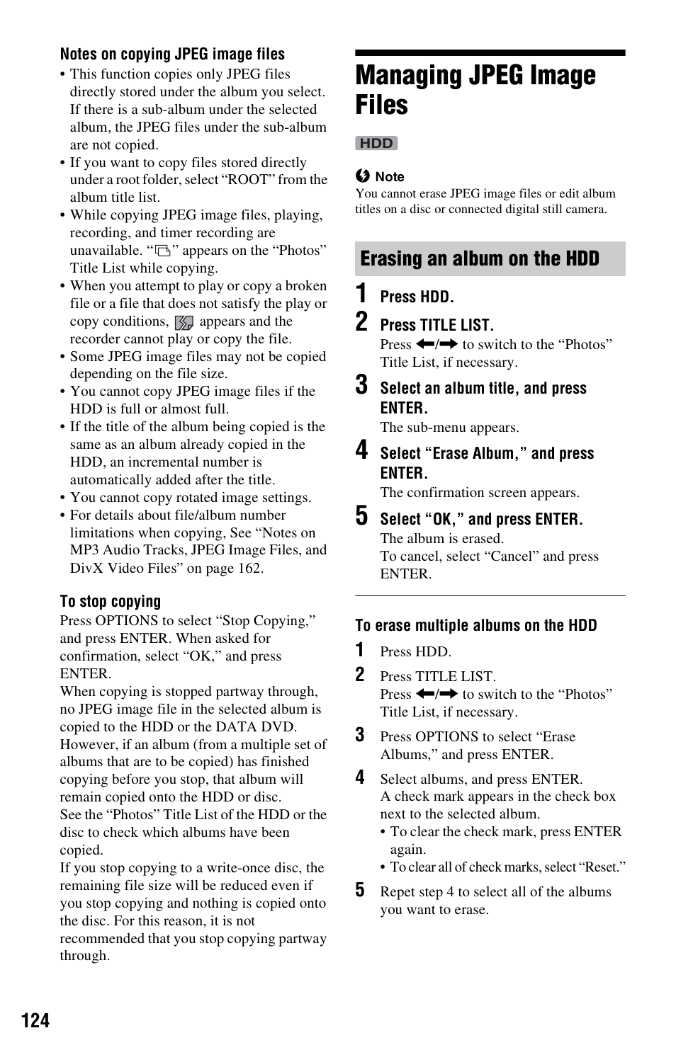 Managing jpeg image files, Erasing an album on the hdd | Sony RDR-HXD1065 User Manual | Page 124 / 172