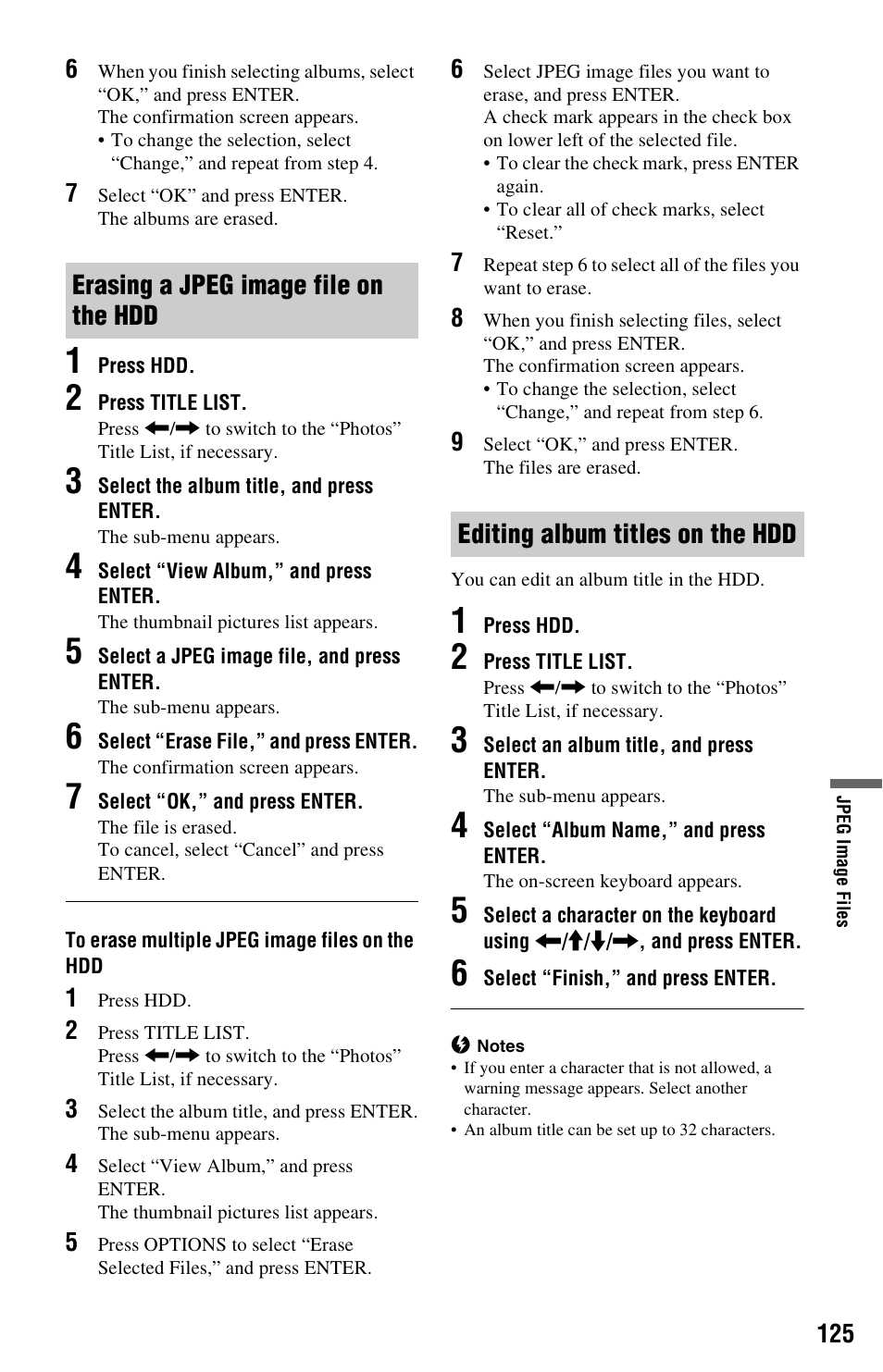 Erasing a jpeg image file on the hdd, Editing album titles on the hdd | Sony RDR-HXD1065 User Manual | Page 125 / 172