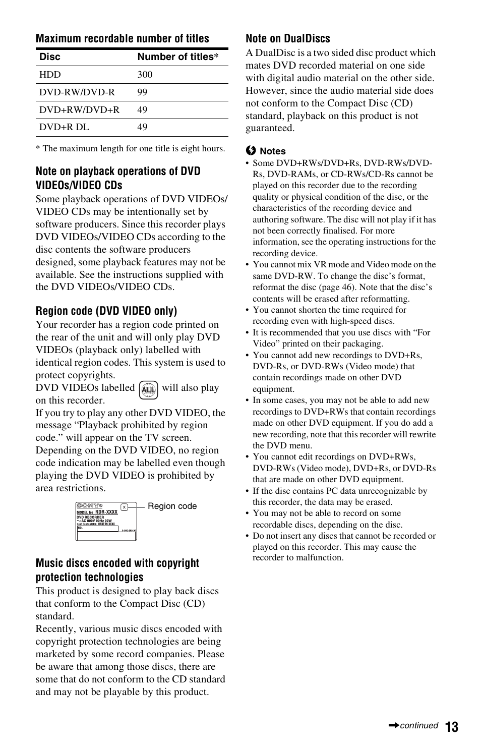 Sony RDR-HXD1065 User Manual | Page 13 / 172