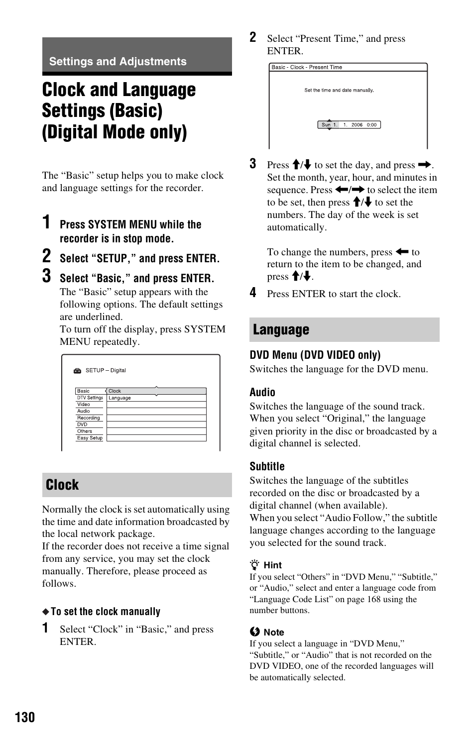 Settings and adjustments, Clock, Language | Clock language | Sony RDR-HXD1065 User Manual | Page 130 / 172