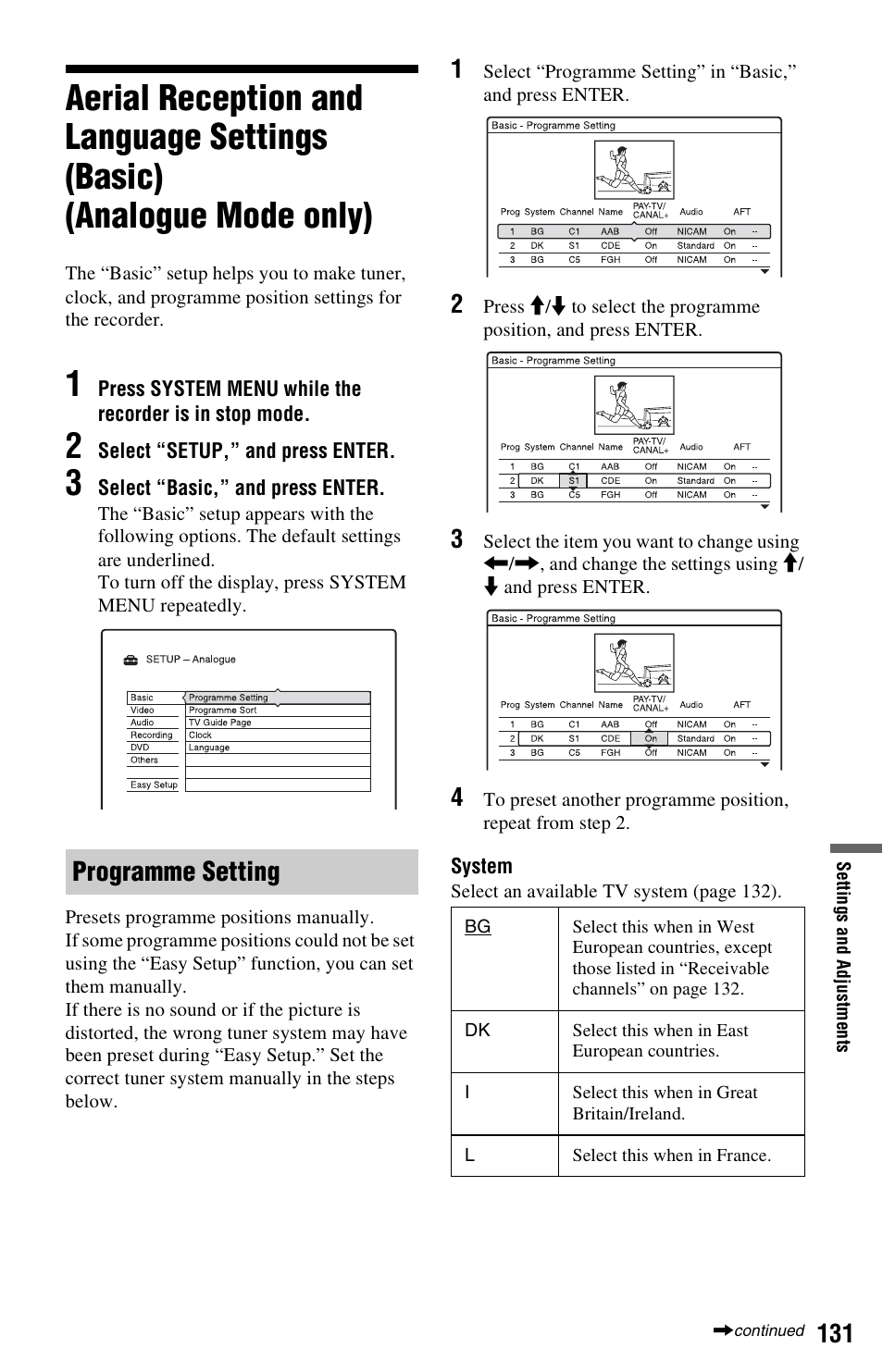 Programme setting, Aerial reception and language settings (basic), Analogue mode only) programme setting | Sony RDR-HXD1065 User Manual | Page 131 / 172