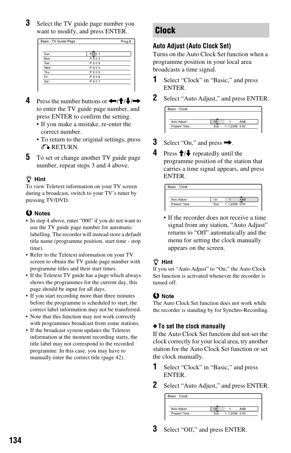 Clock | Sony RDR-HXD1065 User Manual | Page 134 / 172