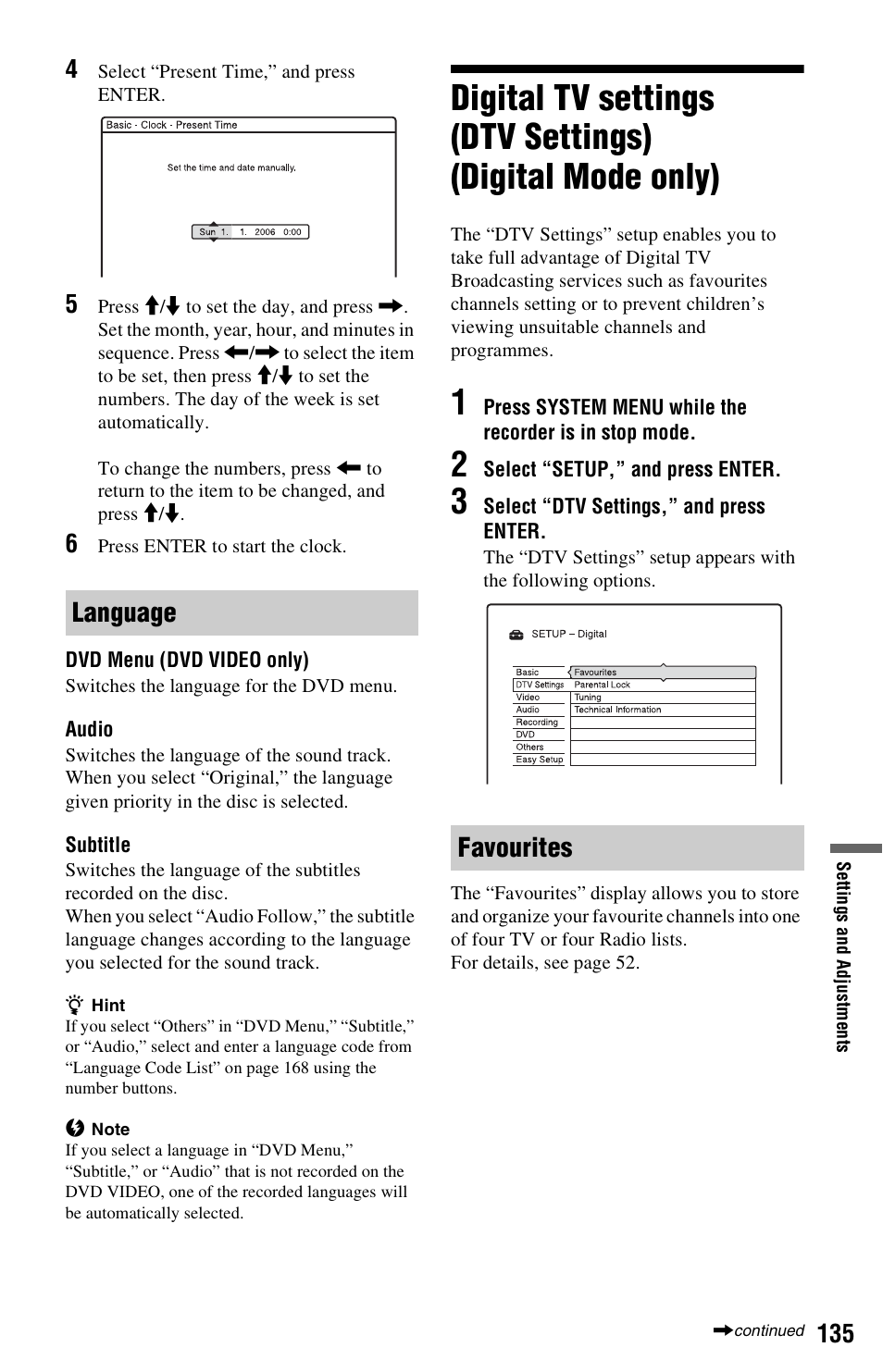 Language, Favourites, Language favourites | Sony RDR-HXD1065 User Manual | Page 135 / 172