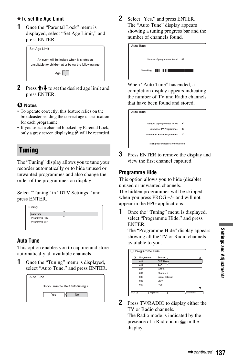 Tuning | Sony RDR-HXD1065 User Manual | Page 137 / 172