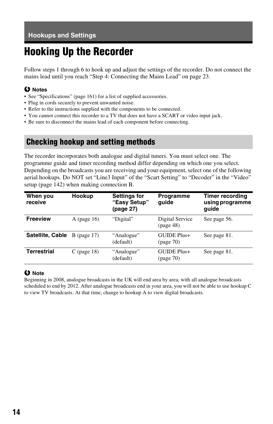 Hookups and settings, Hooking up the recorder, Checking hookup and setting methods | Sony RDR-HXD1065 User Manual | Page 14 / 172