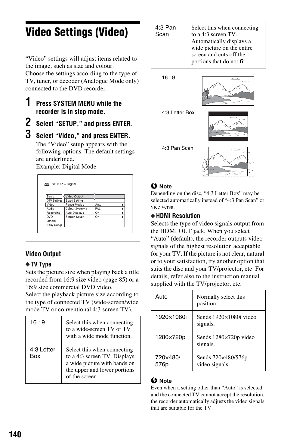 Video settings (video) | Sony RDR-HXD1065 User Manual | Page 140 / 172