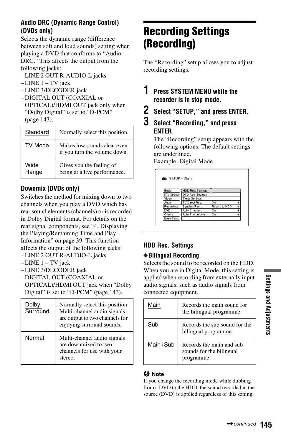 Recording settings (recording) | Sony RDR-HXD1065 User Manual | Page 145 / 172