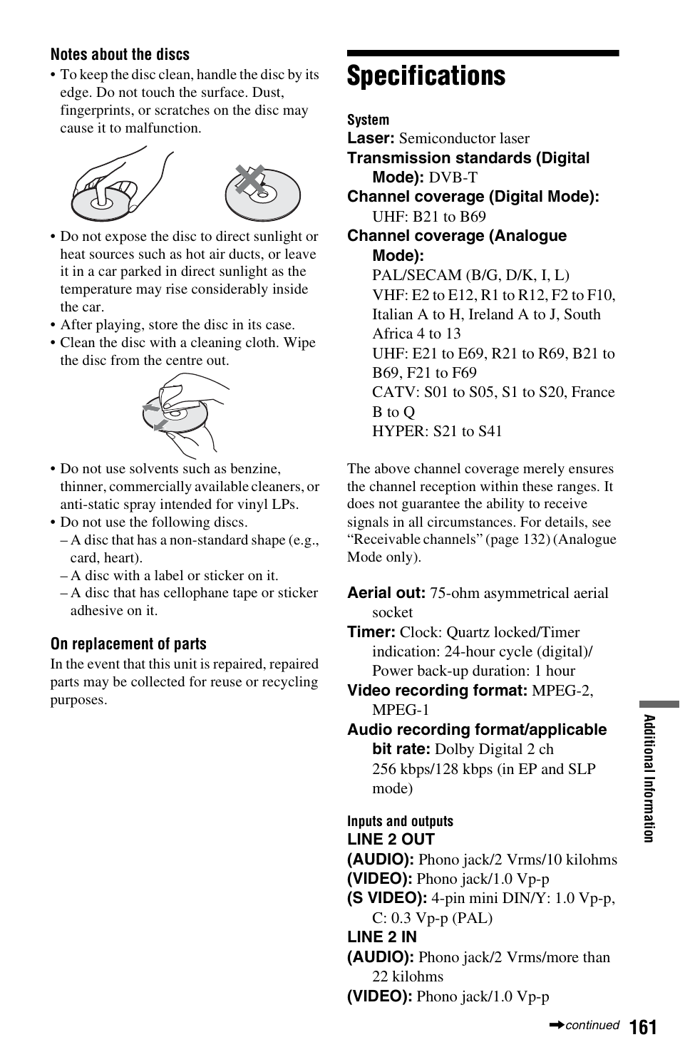 Specifications | Sony RDR-HXD1065 User Manual | Page 161 / 172