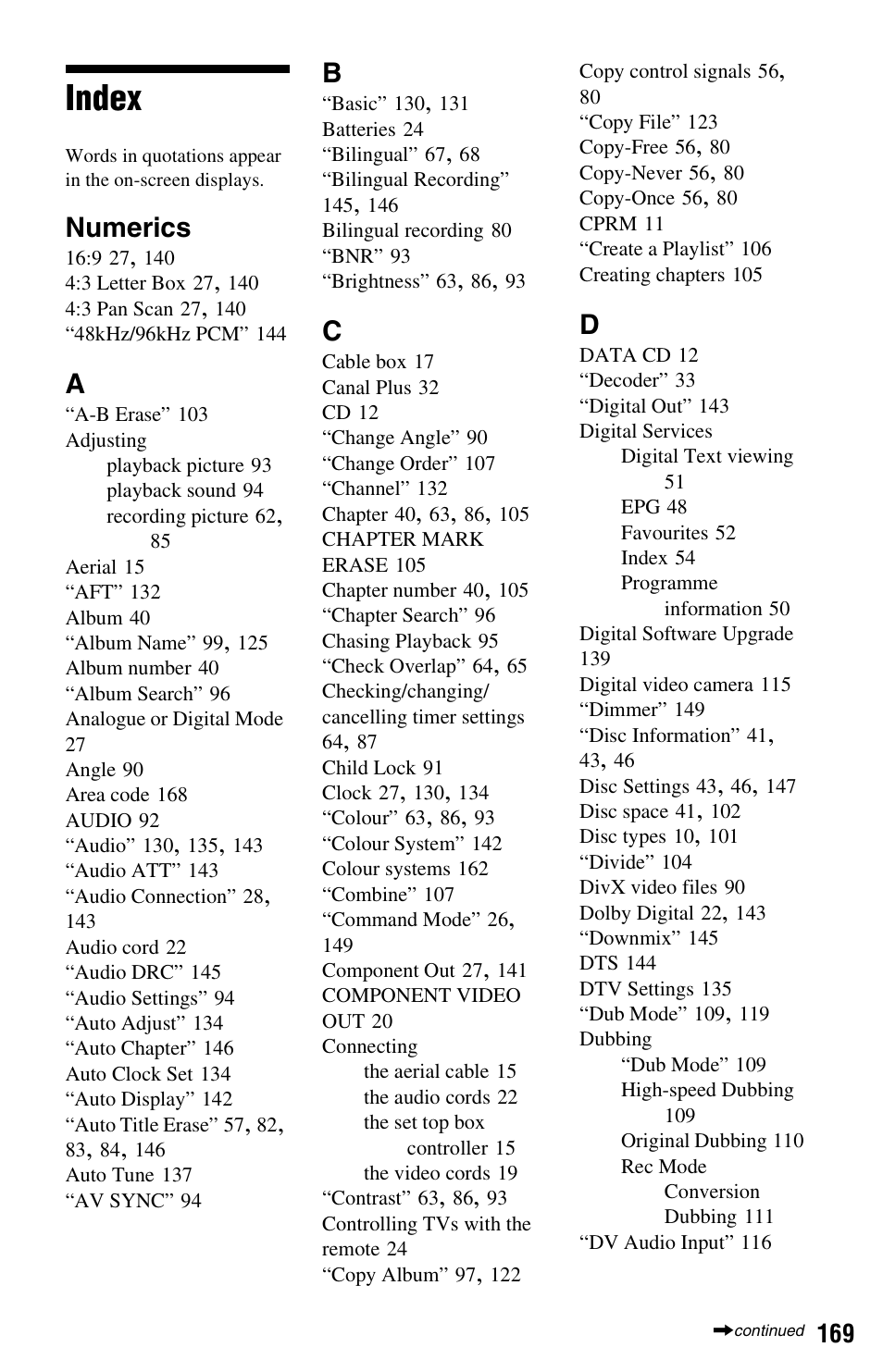 Index, Numerics | Sony RDR-HXD1065 User Manual | Page 169 / 172