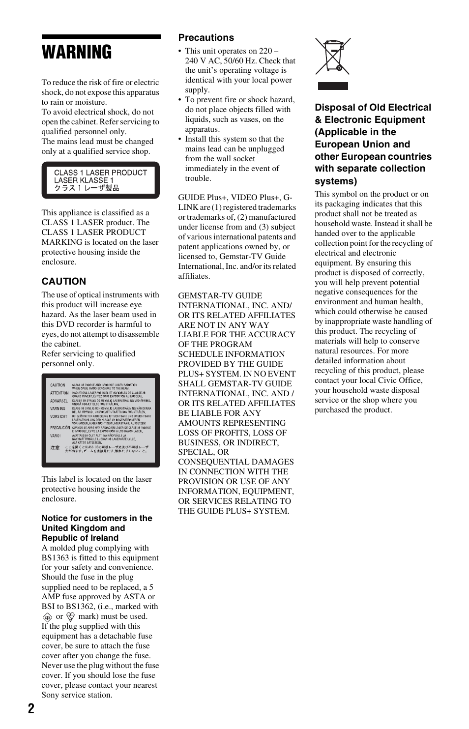 Warning | Sony RDR-HXD1065 User Manual | Page 2 / 172