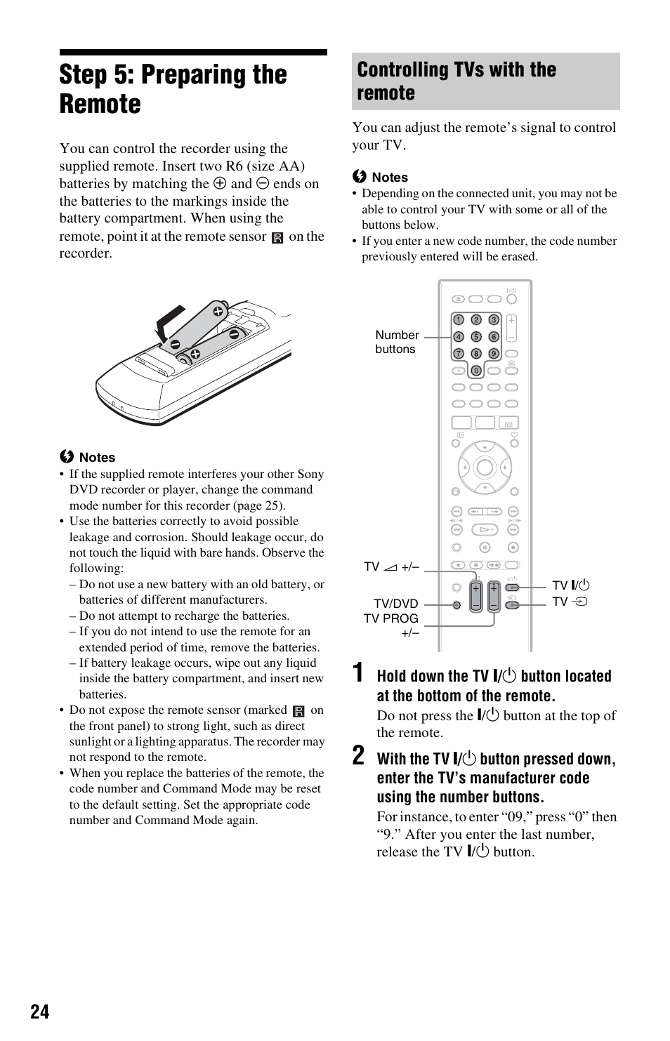 Step 5: preparing the remote, Controlling tvs with the remote | Sony RDR-HXD1065 User Manual | Page 24 / 172