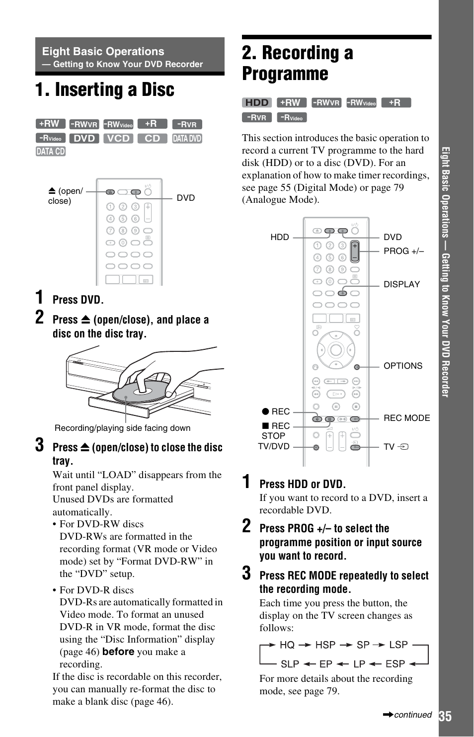 Inserting a disc, Recording a programme, Inserting a disc 2. recording a programme | Eight basic operations, Getting to know your dvd recorder, Inserting a disc 1 | Sony RDR-HXD1065 User Manual | Page 35 / 172