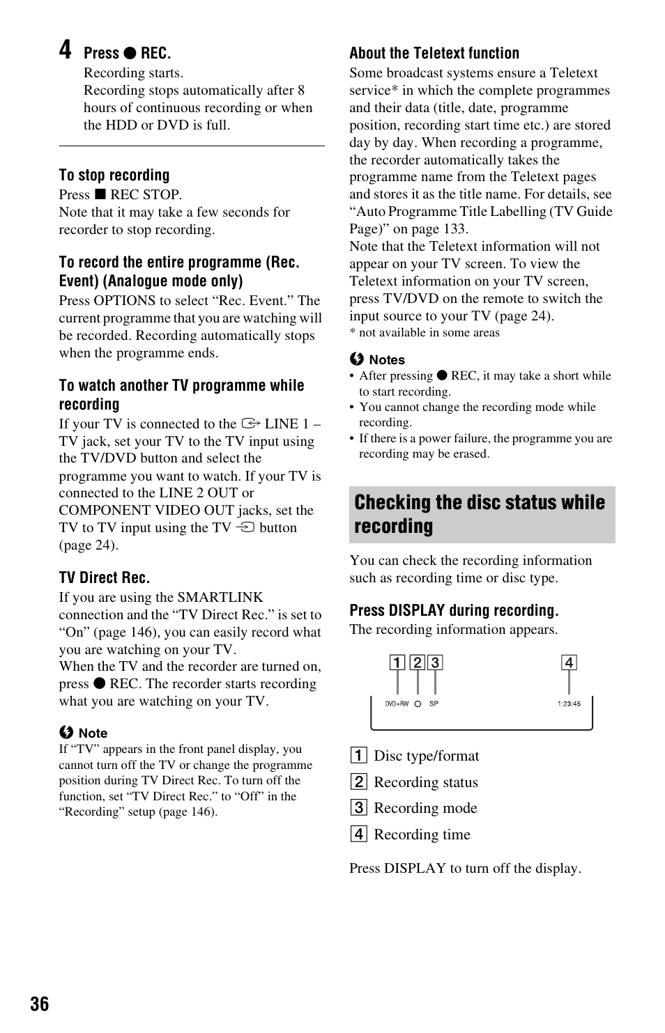 Checking the disc status while recording | Sony RDR-HXD1065 User Manual | Page 36 / 172