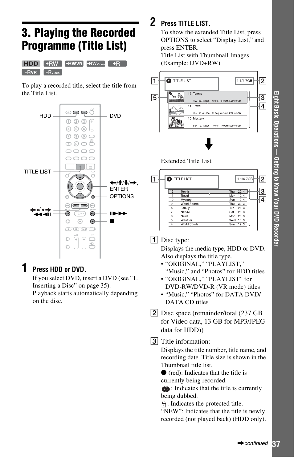 Playing the recorded programme (title list) | Sony RDR-HXD1065 User Manual | Page 37 / 172