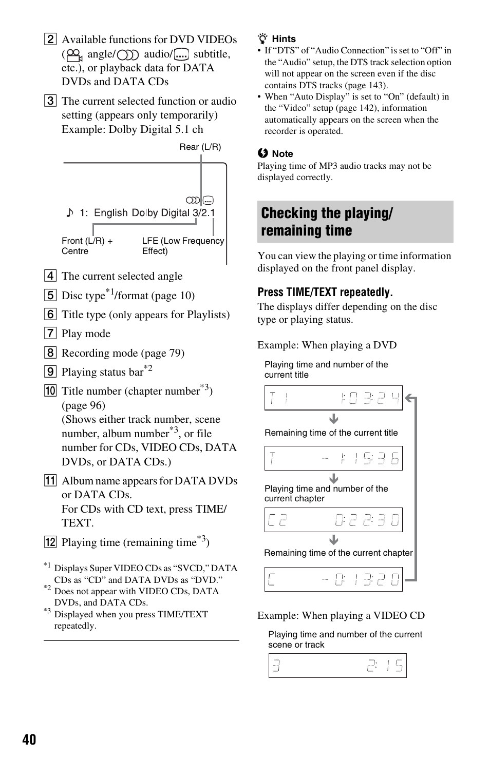 Checking the playing/ remaining time, Checking the playing/remaining time | Sony RDR-HXD1065 User Manual | Page 40 / 172