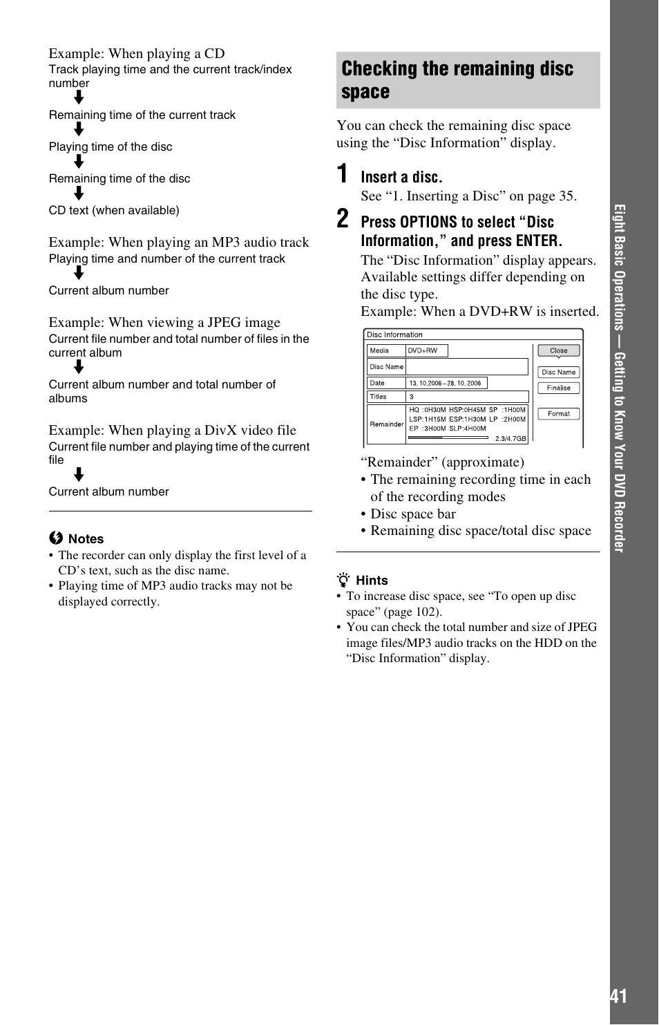 Checking the remaining disc space | Sony RDR-HXD1065 User Manual | Page 41 / 172